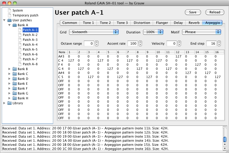 Arpeggio editor showing 16 columns of arpeggio data and a number of controls.