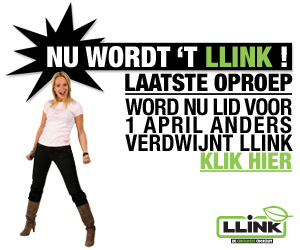 Banner met Floortje Dessing: “Nu wordt ’t LLink! Laatste oproep: word nu lid vóór 1 april anders verdwijnt LLink. Klik hier!”
